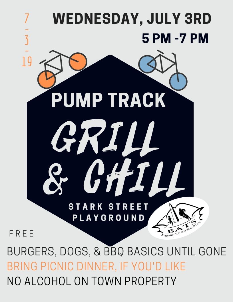 flyer with hexagon and text about Pump Track Grill and chill. 2 bicycles on the hexagon.